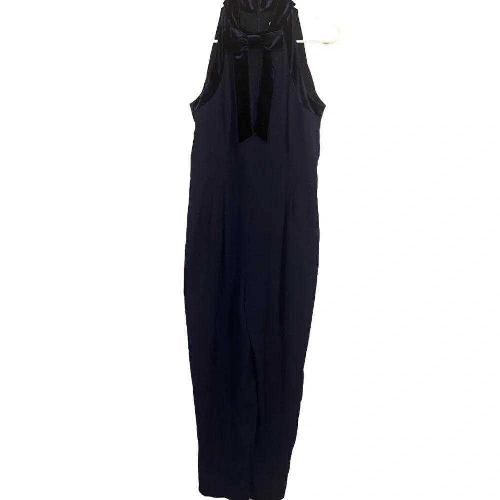 NWOT 1901 Navy Jumpsuit Velvet Trim Bow Mock Neckline Size 10 - Picture 2 of 5